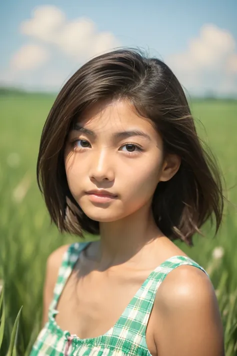 tanned beautiful girl、sixteen years old、Summer Dress、Wheat field、up of face、Hair growth、short-hair、