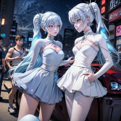 masterpiece, best quality, whiss, ANIME,Realistic,1girl, weiss schnee, solo, blue eyes, jewelry, earrings, long hair, parody, white hair, scar, scar across eye, hair ornament, photo background, side ponytail, skirt, pantyhose, cyberpunk city, neon signs, s...