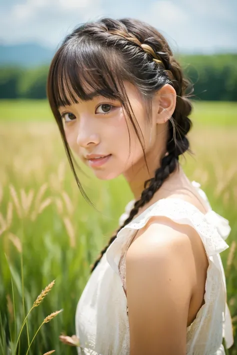 tanned beautiful girl、japanes、17 age、Summer Dress、Wheat field、up of face、Hair growth、short-hair、With bangs、hair adornments、Braids、