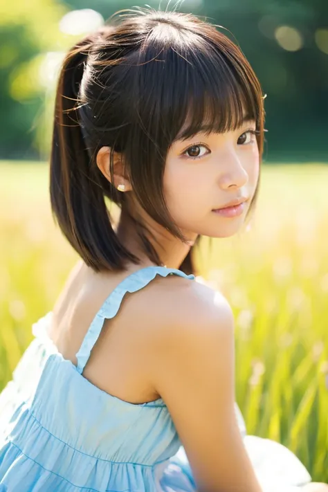 tanned beautiful girl、japanes、17 age、Summer Dress、Wheat field、up of face、Hair growth、short-hair、With bangs、hair adornments、poneyTail、