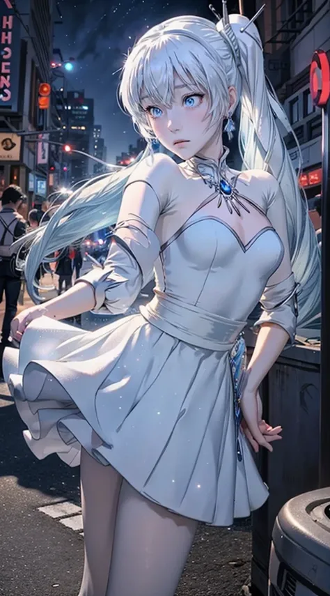 masterpiece, best quality, whiss, ANIME,Realistic,1girl, weiss schnee, solo, blue eyes, jewelry, earrings, long hair, parody, white hair, scar, scar across eye, hair ornament, photo background, side ponytail, skirt, pantyhose, cyberpunk city, neon signs, s...