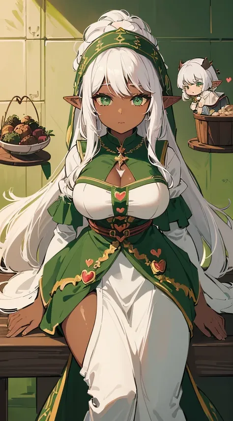 (((Very high image quality))),((Dark Skin)),(((Elf Woman))),(((White hair))),(((green eyes))),(((Seyxy body))),(Big breasts),((Peasant dress)),((Making a heart))