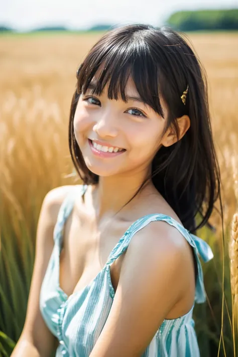 tanned beautiful girl、japanes、17 age、Summer Dress、Eyes are long、Wheat field、up of face、Hair growth、A dark-haired、With bangs、hair adornments、short-hair、thick lip、smiling wryly、