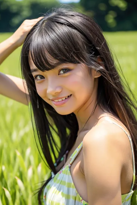 tanned beautiful girl、japanes、17 age、Summer Dress、Eyes are long、Wheat field、up of face、Hair growth、Black hair straight、With bangs、hair adornments、Long、thick lip、smiling wryly、heavy wind、