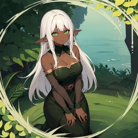 (((Very high image quality))),((Dark Skin)),(((Elf Woman))),(((White hair))),(((green eyes))),(((Seyxy body))),(Big breasts),((Long black dress)),((Shy)),((Rosy cheeks))