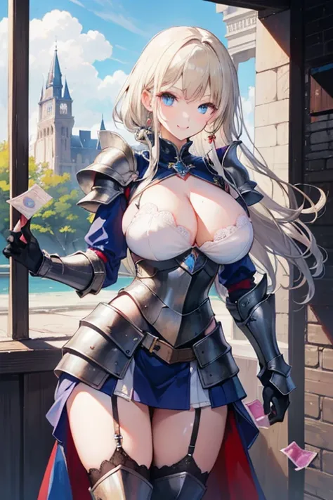 a beauty girl，cabellos largos dorados，blonde with blue eyes，(ssmile)，European medieval castles，palaces，Wear gorgeous armor，(Silver armor)，Armor，((Condom in hand))，Shoulder pads，Armour，chest plate，Leg nails，(Royal Knights)，(huge tit)，(black lence stockings)...