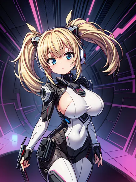 4K,hight resolution,One Woman,White blonde hair,poneyTail,head phone,Colossal tits,ninjartist,White Cybersuit,Cyberpunk Handgun,underground city