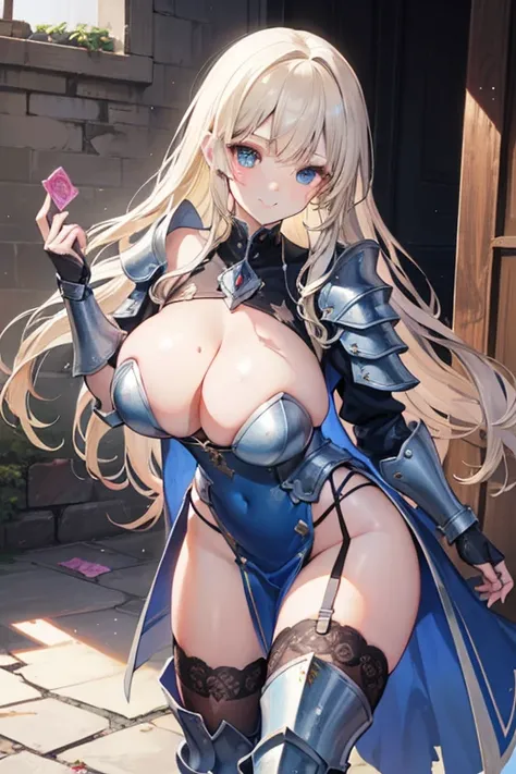 a beauty girl，cabellos largos dorados，blonde with blue eyes，(ssmile)，European medieval castles，palaces，Wear gorgeous armor，(Silver armor)，Armor，((Condom in hand))，Shoulder pads，Armour，chest plate，Leg nails，(Royal Knights)，(huge tit)，(black lence stockings)...