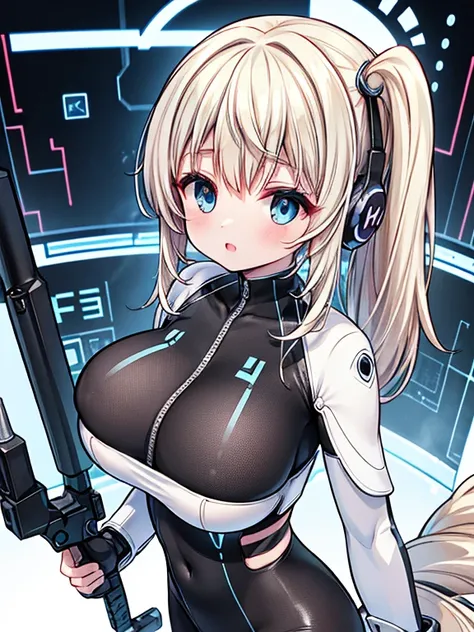 4K,hight resolution,One Woman,White blonde hair,poneyTail,head phone,Colossal tits,ninjartist,White Cybersuit,Cyberpunk Handgun,underground city,blue shining eyes