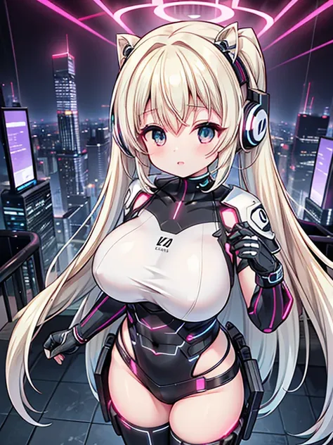 4K,hight resolution,One Woman,White blonde hair,poneyTail,head phone,Colossal tits,ninjartist,White Cybersuit,Cyberpunk Handgun,underground city