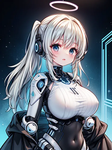 4K,hight resolution,One Woman,White blonde hair,poneyTail,head phone,Colossal tits,ninjartist,White Cybersuit,futuristic spacesuit,Cyberpunk Handgun,underground city,blue shining eyes,The halo,