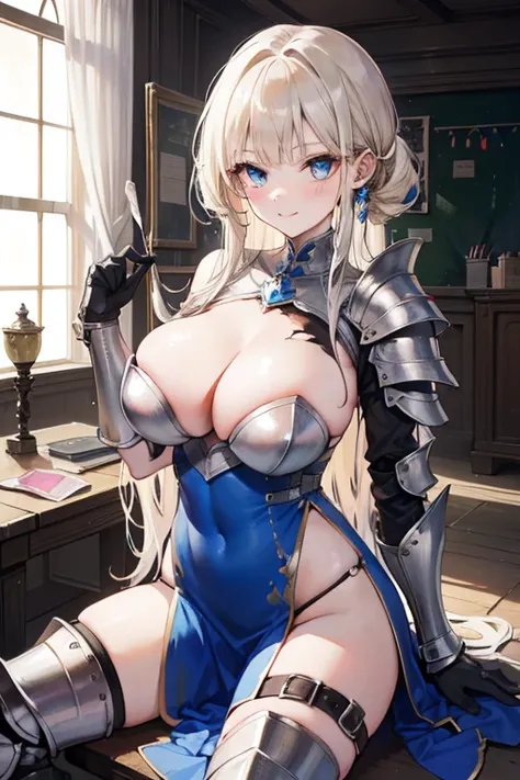 a beauty girl，cabellos largos dorados，blonde with blue eyes，(ssmile)，European medieval castles，palaces，Wear gorgeous armor，(Silver armor)，Armor，((Condom in hand))，Shoulder pads，Armour，chest plate，Leg nails，(Royal Knights)，(huge tit)，(black lence stockings)...