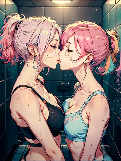 ​masterpiece, top-quality, Hi-Res,((( 2girls))), ((Yuri)), ((the kiss:1.4)), (フレンチthe kissしている), red blush:0.2, closed her eyes:0.5, (tongue), (Saliva), ((Touch)), try to increase the bust、bulging bust top、(pink brassiere)、Light Blue Bra、(Brown skin)、White...