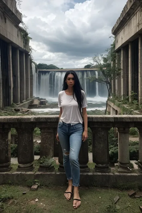 Mulher brasileira, Olhe para o Visualizador, cabelos longos, camisa, jeans, Cloud, dia, heaven,ao ar livre, post-apocalypse, ruins, scenecy, tree, water,