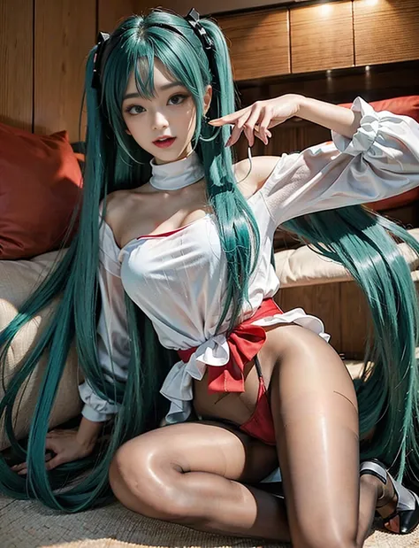 Hatsune Miku with a cock in her hand、His expression is a mixture of confusion and excitement.。she complied with his request、She shyly spreads her legs to show her pussy。The moment he sees her wet pussy、her face turns red、she says in a trembling voice*「Yes....