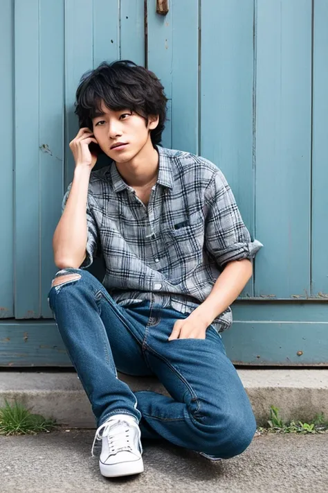 Dull colored plaid shirt and distressed jeans、A young Japanese man wearing worn-out sneakers