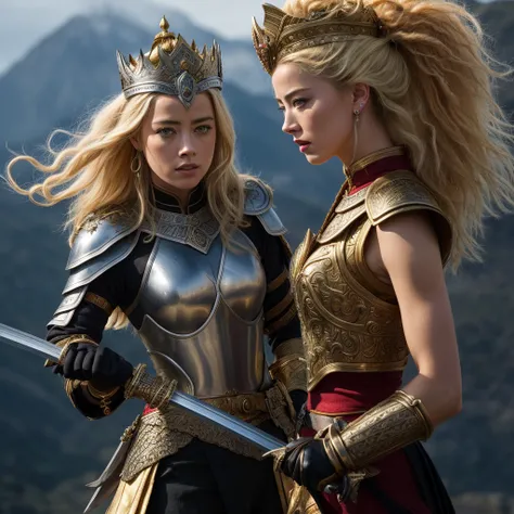 masterpiece,8k,ultra-detailed,best quality,battlefield,(background:the warriors are fighting,red warriors,green warriors,jumping,hack,slash),(middle ground:queens are fighting,blonde hair queen,Amber Heard,black hair queen,Park Bo-young,Fighting Pose),The ...