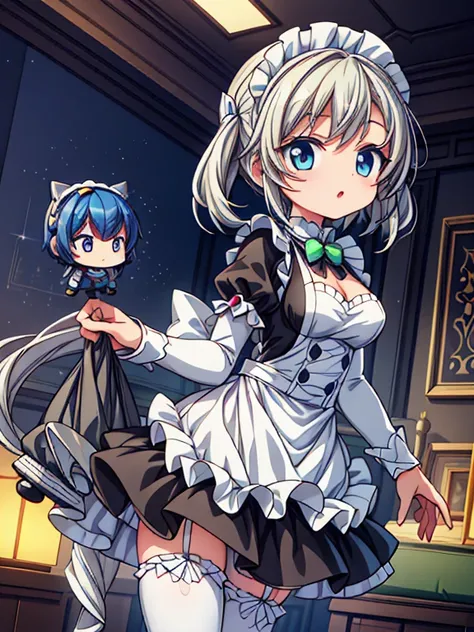 A beautiful android maid girl, in an anime style, vacuuming a luxurious mansion. The android should have a youthful, cute appearance with robotic features such as mechanical ears and articulated joints. Her maid costume should be a blend of traditional mai...