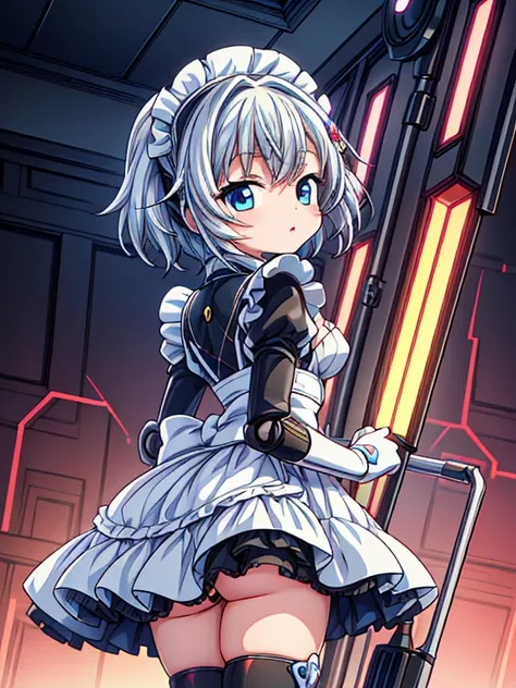 A beautiful android maid girl, in an anime style, vacuuming a luxurious mansion. The android should have a youthful, cute appearance with robotic features such as mechanical ears and articulated joints. Her maid costume should be a blend of traditional mai...