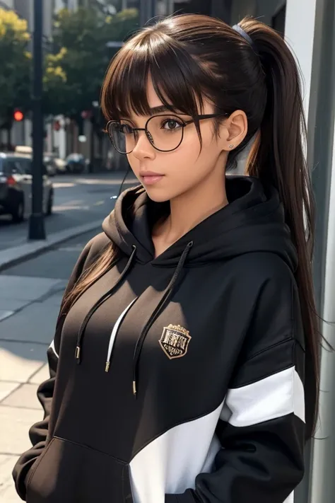 High Resolution, Female, Long Dark Brown Hair, Pony Tail, Bangs, Hazel Eyes, Light Skin, Virtual Glasses, Black Hoodie