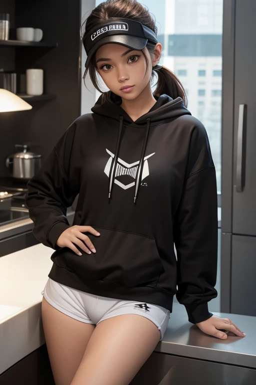 High Resolution, Female, Long Dark Brown Hair, Pony Tail, Bangs, Hazel Eyes, Light Skin, Virtual Visor, Black Hoodie