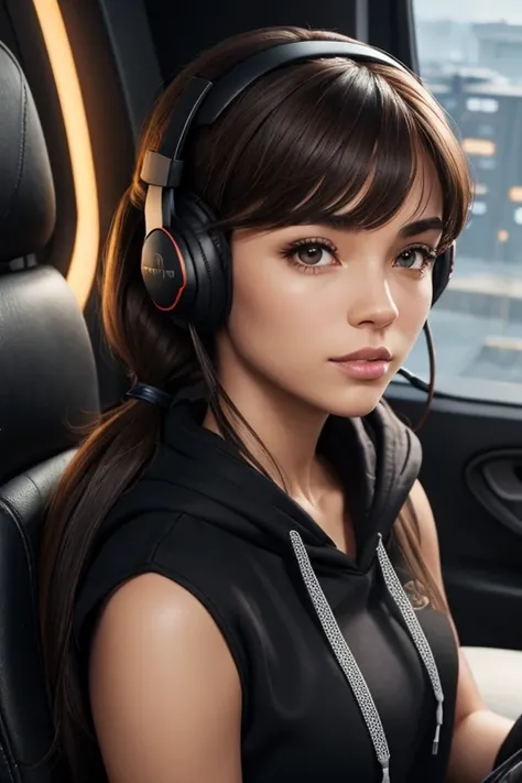 High Resolution, Female, Long Dark Brown Hair, Pony Tail, Bangs, Hazel Eyes, Light Skin, Black Hoodie, Virtual Headset, Gaming Chair