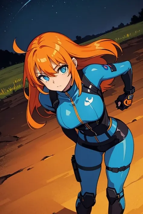 Girl with orange hair, In a blue cyberpunk outfit, In colorful meadows, At night