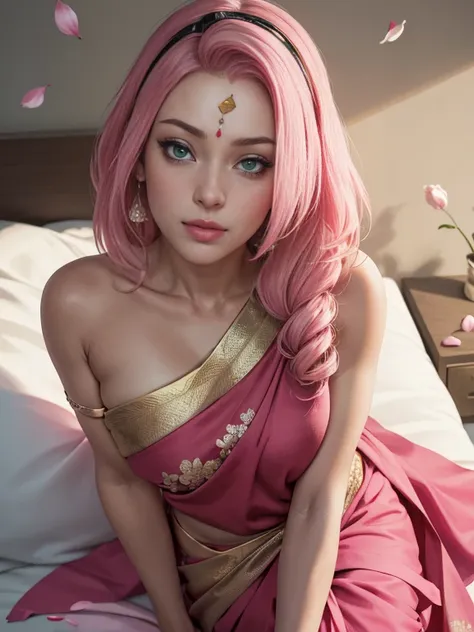 masterpiece, absurdres, sakura\(boruto\), 1girl, solo,mature female, wearing indian saree, saree has black blouse, golden dupatt...