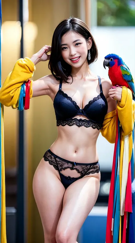 A beautiful woman, big breasts, big hips, small waist, posing like a model, wearing sexy lingerie, happy face, mouth slightly open, looking at a colorful parrot perched on her finger.