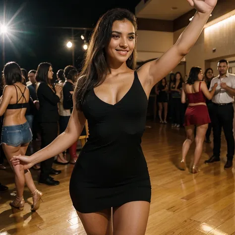 Modelo Brasileira, friendly about 20 years old,, academia, Dancing at a party, usando um vestido preto, holding a glass of alcoholic drink in red color, alegre, animada, festa cheia, dancing in the middle of the dance floor, festa a noite, lugar cheio, rou...