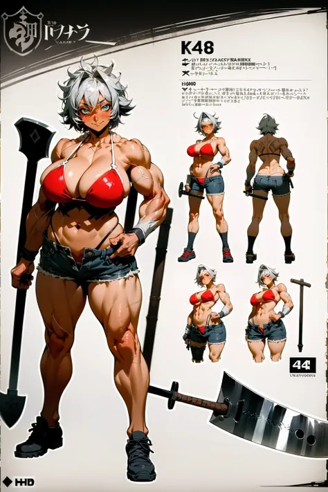 helga, dark-skinned female, short hair, silver hair, huge breasts, muscular female, thick thighs, thick arms, tomboy, holding axe, reflection light, blending, bloom, god rays, ray tracing, Fujicolor, drop shadow, Gothic art, anime, Ghibli-like colours, ani...