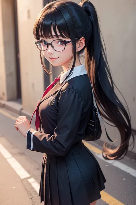 A Beautiful Girl, walk to school, Dark blue Catholic school uniform, long hair in a ponytail,, bangs, eyeglasses, bright smile, anime