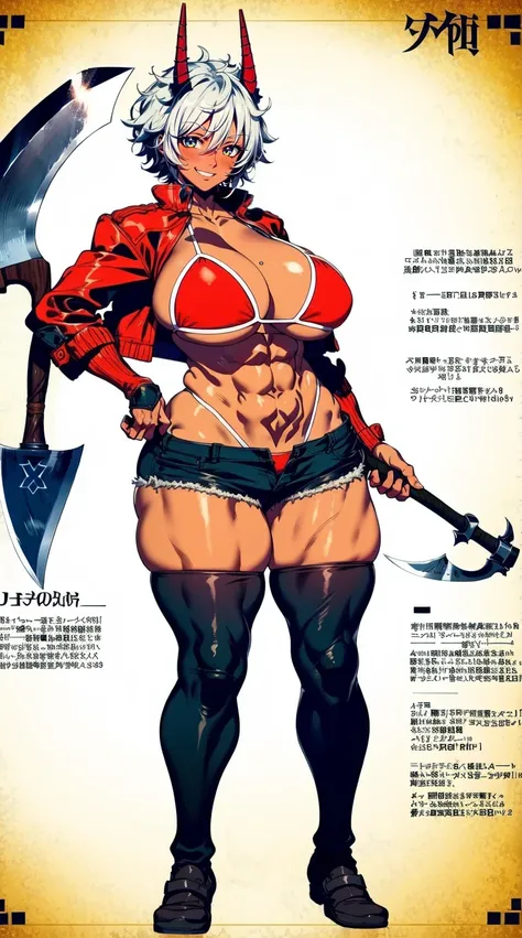 helga, dark-skinned female, short hair, silver hair, huge breasts, muscular female, thick thighs, thick arms, tomboy, holding axe, reflection light, blending, bloom, god rays, ray tracing, Fujicolor, drop shadow, Gothic art, anime, Ghibli-like colours, ani...