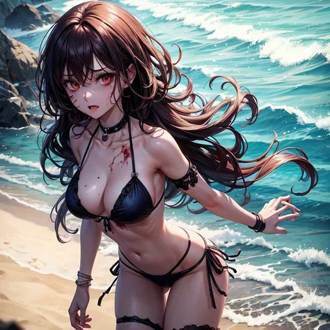 make a zombie woman in a bikini with open legs on the beach