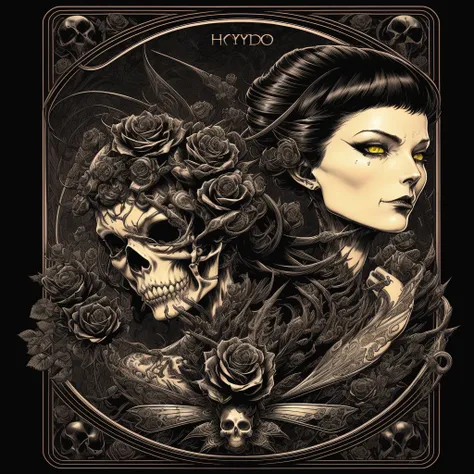 arafed image of a woman with a skull and roses, style of hydro74, hajime sorayama aaron horkey, aaron horkey style, by Eddie Mendoza, detailed cover artwork, colored illustration for tattoo, aaron horkey, a beautiful artwork illustration, highly detailed d...