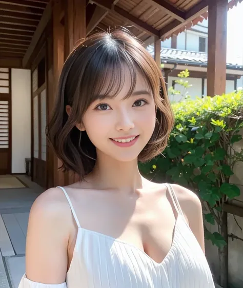 （high-level image quality、ultra-detailliert、Pursuing a sense of realism、Raw photo）、A woman in her 30s wearing a white dress、Kyoto Beauty、A detailed eye、detailed tits、detailed full body、wavy layered cut、Smiling smile、Turn around