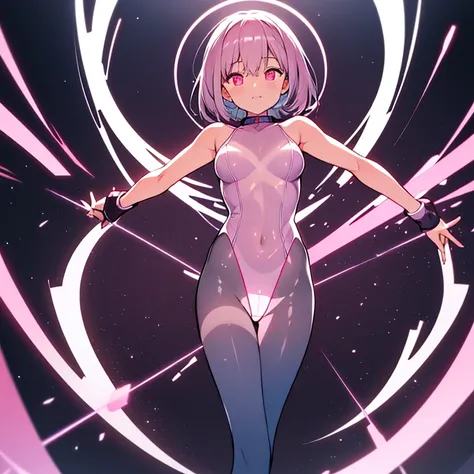 animestyle, closed_eyes, (glowing:1.7), sexy_pose, henshin_pose, akane shinjou, 1girl, solo, young woman, 16yo, short hair, crimson eyes, large_breasts, completely_nude, ((transparent pink see-through light bands wrapped around body, skindetation:1.3)), ((...