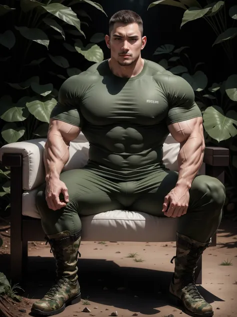 Frowning sad tall giant muscular man sitting in the forest，Dark gray tight camouflage T-shirt，character  design（Resident Evil - Chris Redfield，Chris Redfield）His hairstyle is a crew cut，Wearing dark gray tight camouflage military uniform，Frosted grain text...