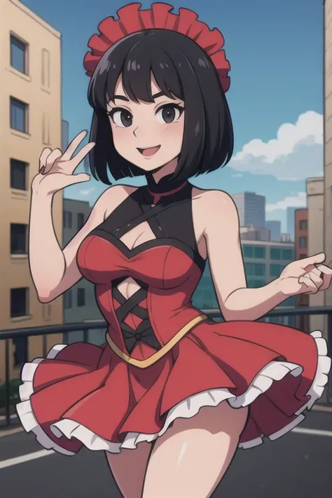 1 girl, Teenage, Black hair, Short black hair, Medium Hair, Bob Hair, Black eyes, Flamenco Dresses, Flamenco dancer, Smile, the city street, Sexy, masutepiece, High quality.