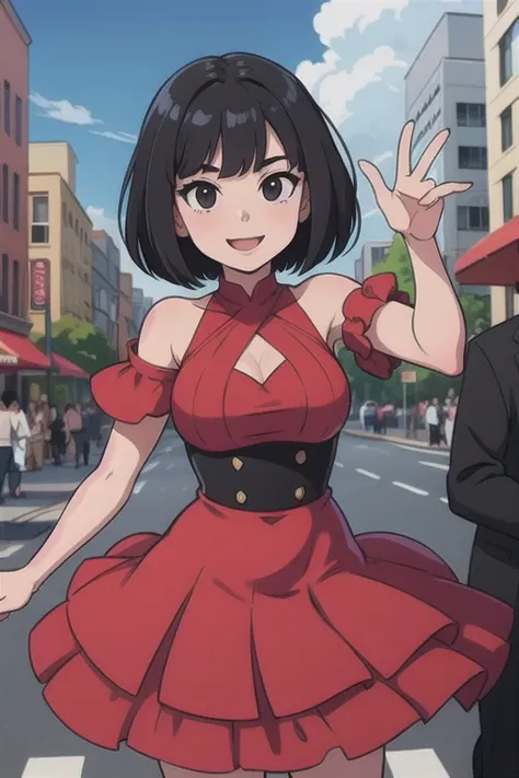 1 girl, Teenage, Black hair, Short black hair, Medium Hair, Bob Hair, Black eyes, Flamenco Dresses, Flamenco dancer, Smile, the city street, Sexy, masutepiece, High quality.