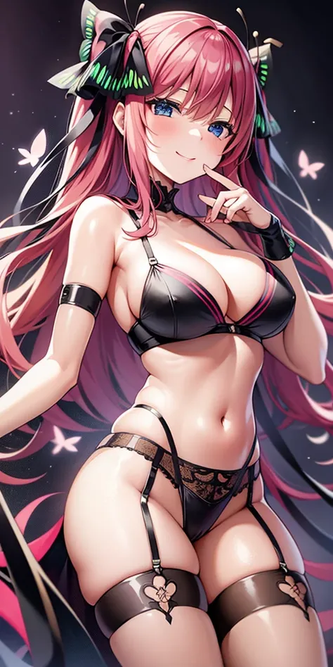 2D, ​masterpiece, top-quality, animesque, ighly detailed, 1girl in, 独奏, cowboy  shot, Nakano Nino, A pink-haired, butterfly hair ornament,, middlebreast, is standing, a smile,Black bra,Black garter belt,Black T-back,bedroom,sexy  pose