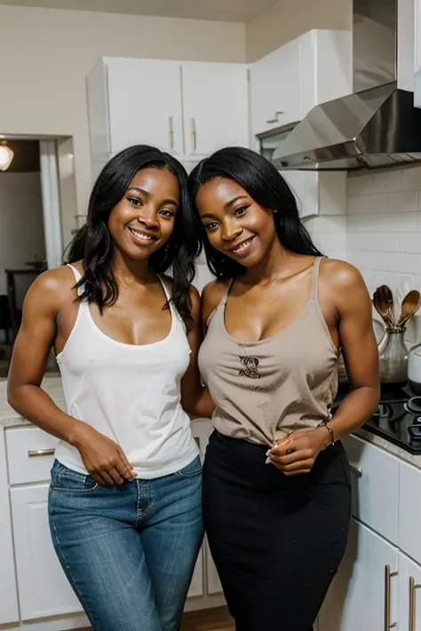 Two black women cooking happily in the home kitchen