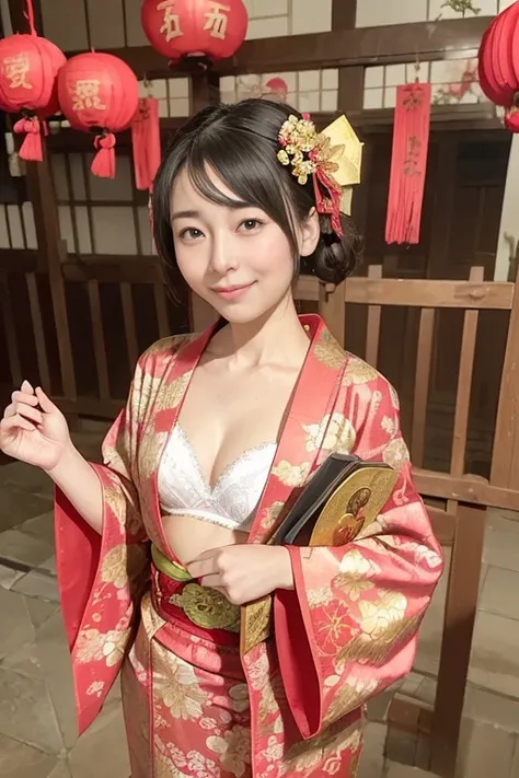 (high-level image quality、hightquality、hight resolution、​masterpiece、detaileds）、(There is a girl)、Smile at the camera、Japanese style hairstyle with a hairpin、((skiny body:1.3)）、((Small:1.3)）、(Bra and panties arranged in a kimono style、is standing、Holds a z...