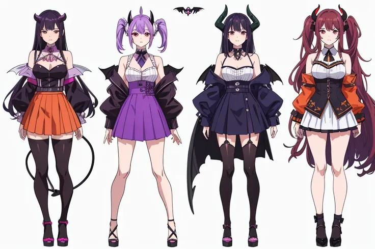 (((Best Quality))) , ((full body)), reference sheet, (white background), demon horns, succubus, mini skirt, violet outfit, ,Devil Wings，
 multiple characters, white background, variety of hairstyles, variety of fashion styles, seductive pose, fashionable a...