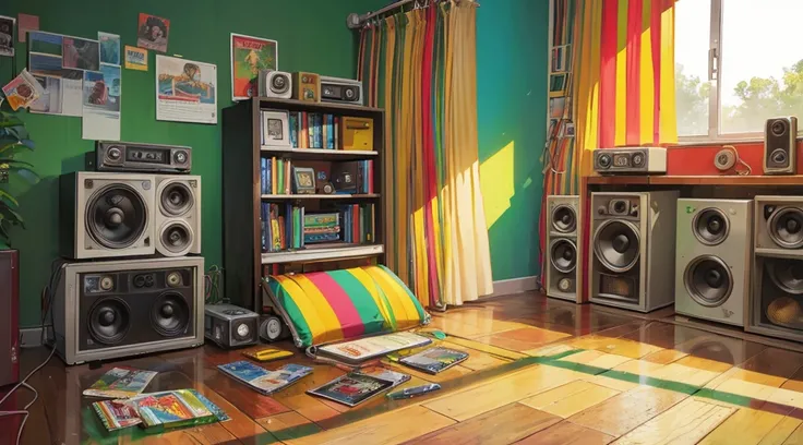 (reggae cassette tape), (room with big speakers, rasta color curtains)