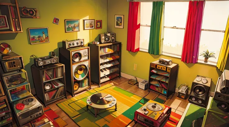 (reggae cassette tapes and records), (room with big speakers, rasta color curtains)