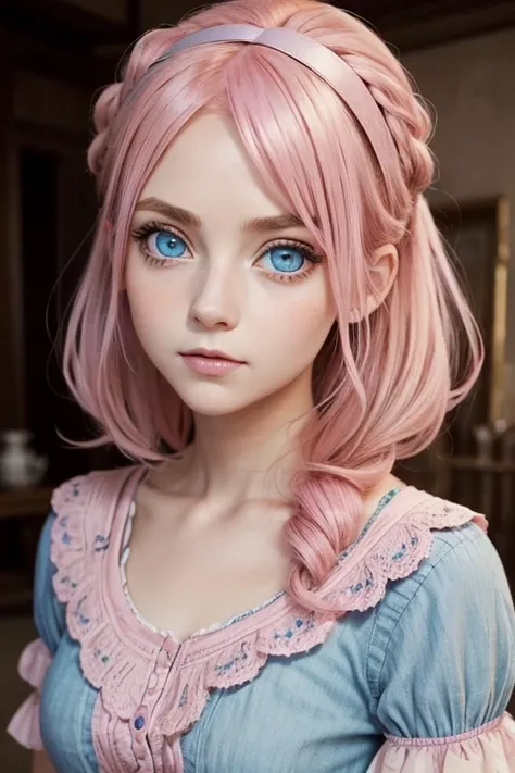 (Antique style, girly: 1.2, pink hair: 1.1, blue eyes: 1.1, big eyes)