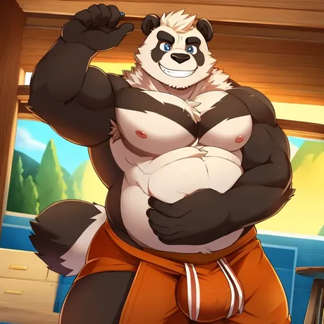 a panda，Burly，Detailed character details，Meat balls，tosen，arms out，grin