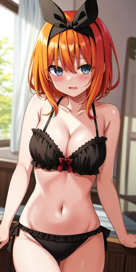 2D, ​masterpiece, top-quality, animesque, ighly detailed, 1girl in, 独奏, cowboy  shot, Yotsuba Nakano, orange color hair, Hair bow,  middlebreast, black bra with frills,Black T-back,bedroom,sexy  pose,embarrassed from