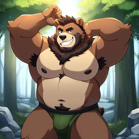 A bear man，Burly，Detailed character details，arms out，grin